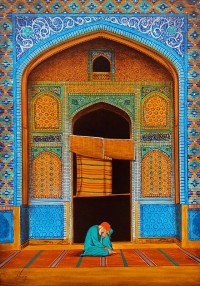S. A. Noory, Shah Jahan Mosque - Thatta, 24 x 36 Inch, Acrylic on Canvas, Cityscape Painting, AC-SAN-118